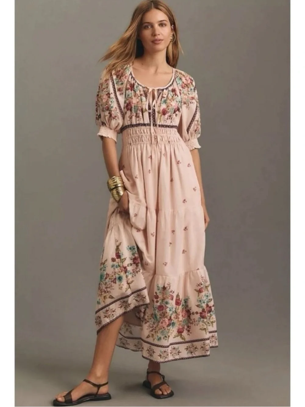 Anthropologie The Somerset Puff Sleeve Maxi Dress Cream Floral Cottage Small - Picture 3 of 13
